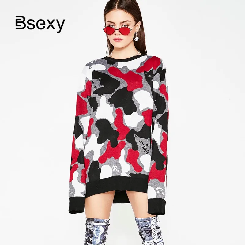 Осень негабаритный свитер 2019 осень мода камуфляж шаблон свободные пуловеры
