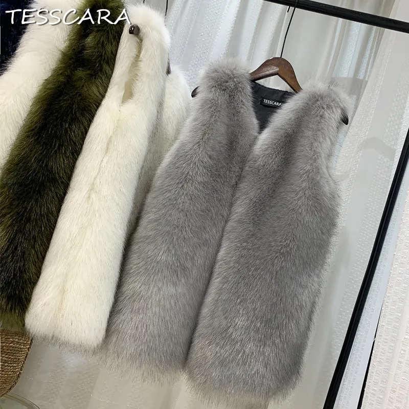 TESSCARA/осенне-зимняя женская длинная пушистая куртка из искусственного меха, жилет, Женская высококачественная искусственная верхняя одежда и пальто, большие размеры XS-3XL