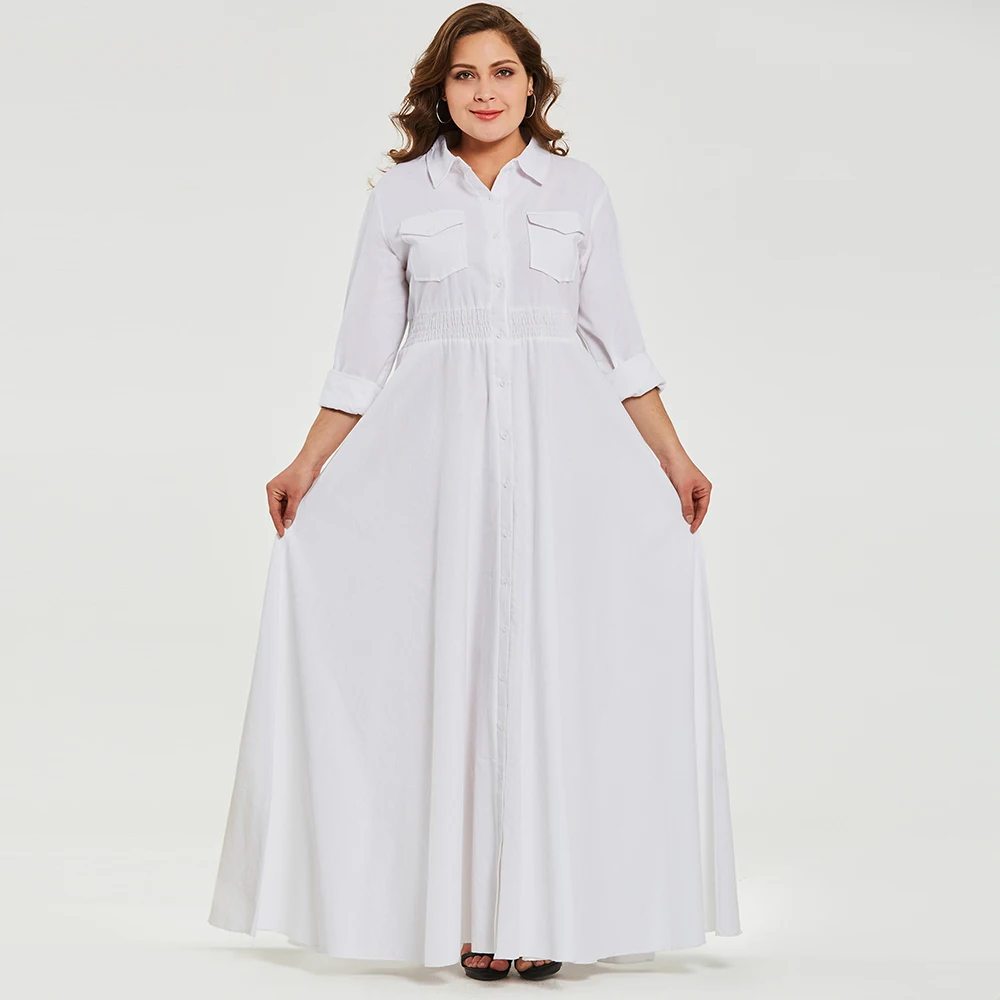Для женщин осень Повседневное белый длинное платье плюс Размеры эластичный пояс