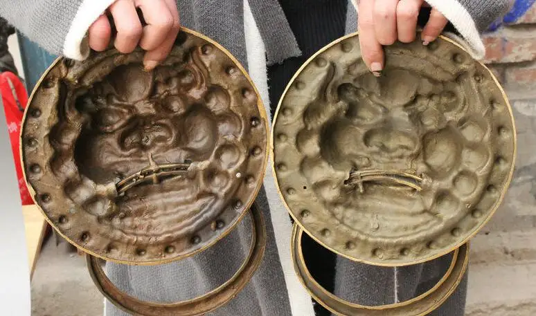 21cm China Brass Dragon Fu Foo Dog Guardion Lion Head Mask Door Knocker Statue Pair | Statues &amp Sculptures