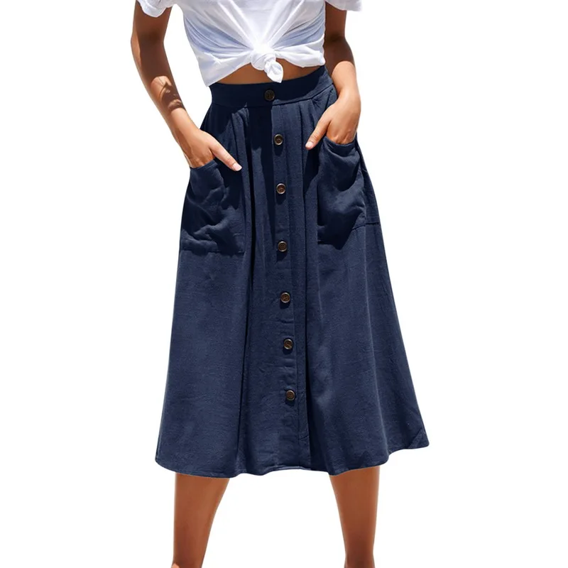 Puimentiua 2019 Summer Fashion Women Solid-Colored Mid Long Single-Breasted Skirt High Waist Buttons Pocket Elegant Midi skirt | Женская