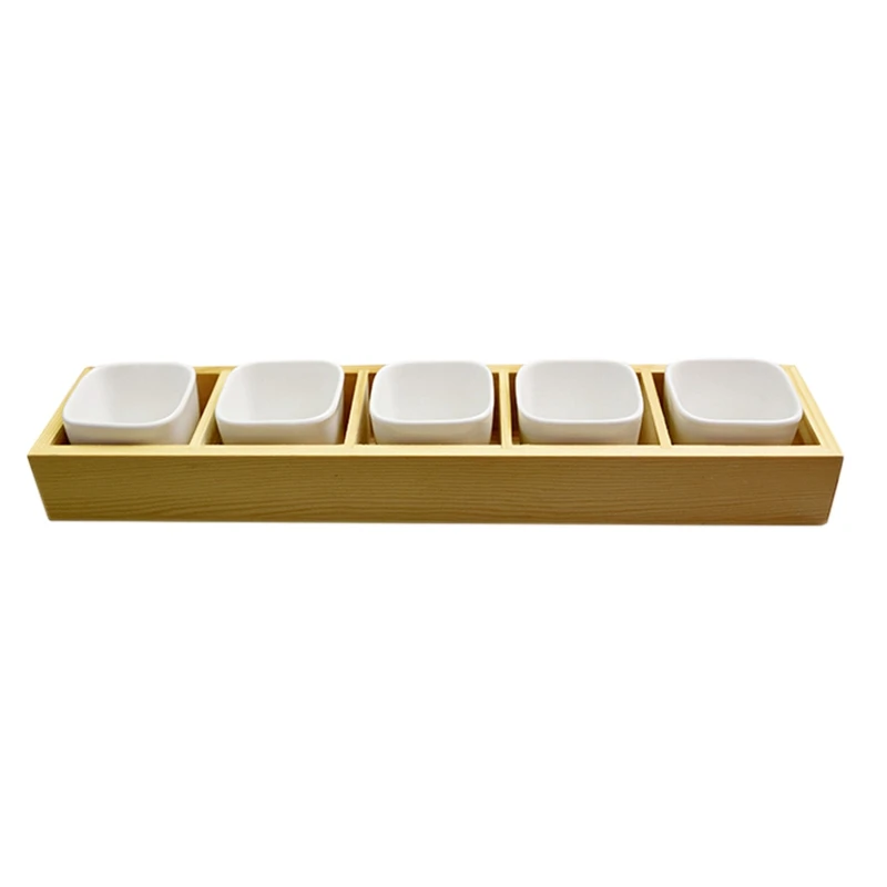 SHGO-1Set Of Modern Decorative Small White Square Ceramic Succulent Plant Pot 5 Flower Planters With 1 Wooden Tray Box Home | Дом и сад