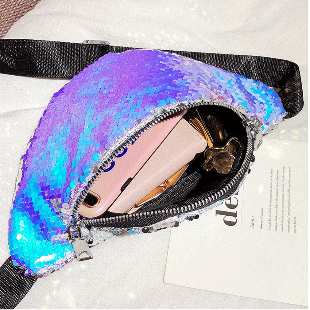 

Women Mermaid Sequins Glitter Waist Pack Belt Bag Pouch Travel Hip Bum Bag Casual Small Tote Purse Crossbody Bag New