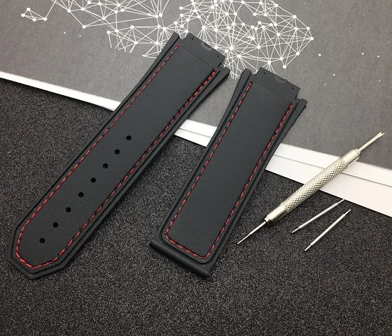 Black red line Роскошный бренд, черный, 29*19 мм, натуральный силиконовый резиновый ремешок для часов, ремешок для Hublot, ремешок для king power, серия с логотипом, инструменты - Цвет ремешка: Black red line
