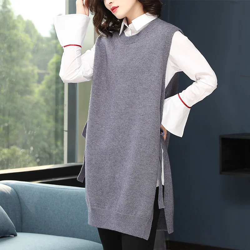 Осенние повседневные средней длины Круглый воротник вязаный Топ удобная женская