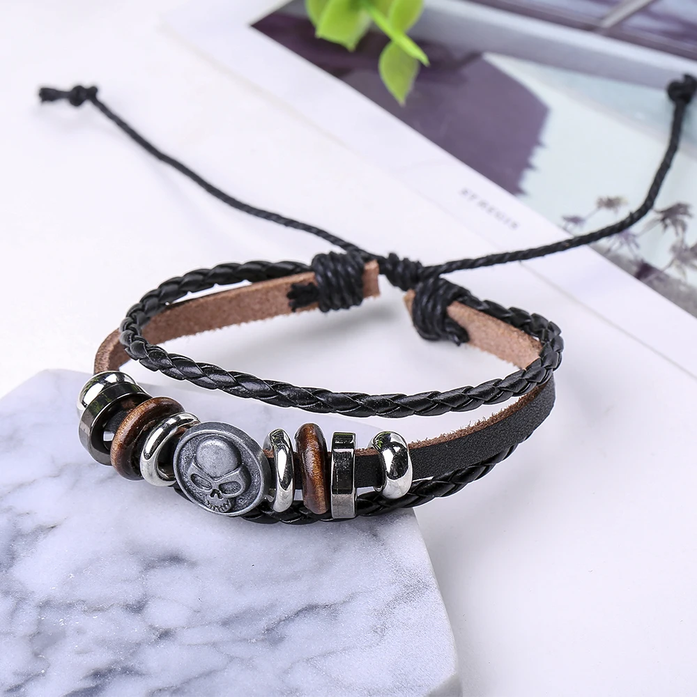 Кожаный браслет Octbyna в стиле панк с черепом из бисера амулеты и браслеты для