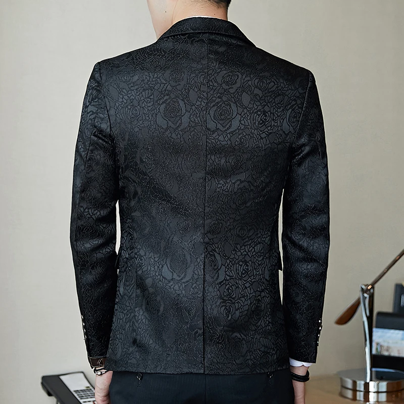 

Luxury Royal Blue Black Blazer Latest Design Fashion Rose Jacquard Print Slim Jacket Men's Casual Business Party Wedding Blazer