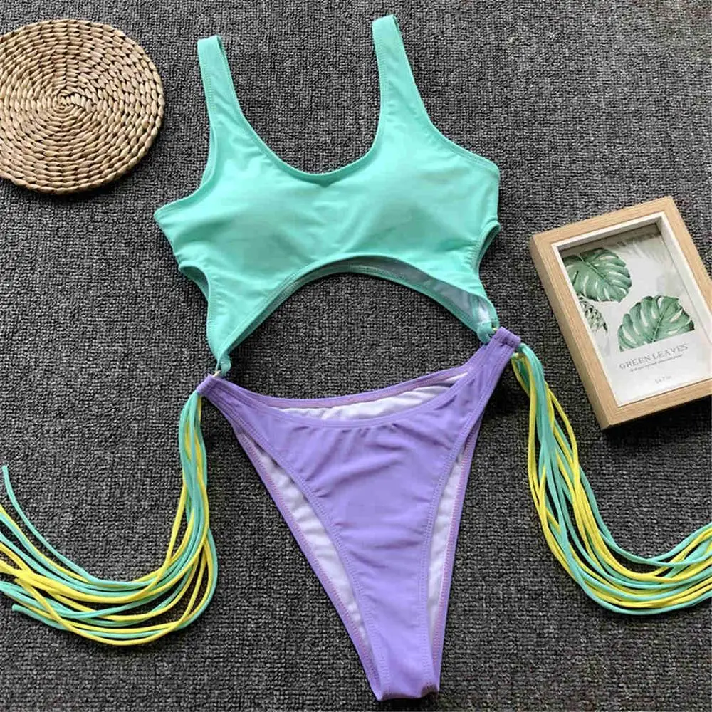 Green Purple Новая женская одежда для плавания, Цельный купальник с вырезами на животик, женский купальник с кисточками, купальник с высокой посадкой, купальник для женщин V1227 - Цвет: Green Purple