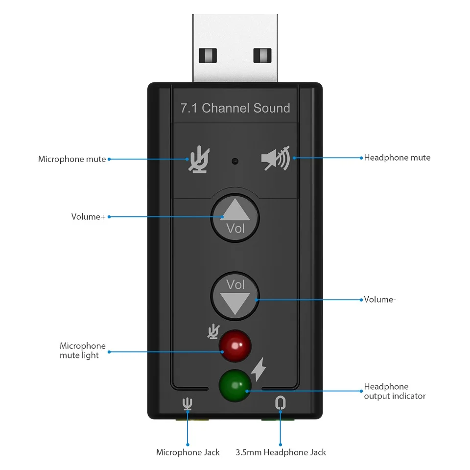 Звуковая карта USB 2 0 Внешний 7 1 канал 3D аудио мини адаптер + кнопочное управление и