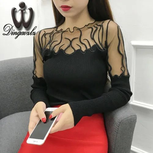 Dingaozlz Sexy Slim long-sleeved Pullovers shirt female Gauze Lace stitching Knitted Sweater Fashion Women sweater | Женская одежда
