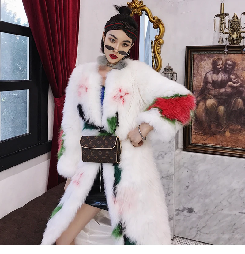Fang Tai Fur Weave женское импортное пальто из лисьего меха с круглым вырезом, приталенное пальто из лисьего меха с цветочным принтом, натуральное X-Long пальто из лисьего меха