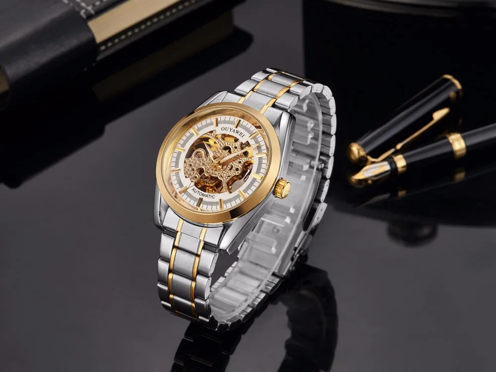 Автоматические Мужские наручные часы OUYAWEI роскошный золотой чехол браслет из