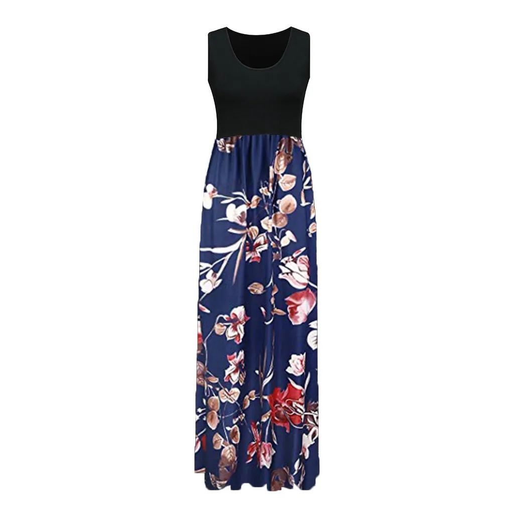Women's Fashion Casual Sleeveless O-neck Print Maxi Tank Long Dress Summer Women Bohemian Floor-Length Slim G0417#20 | Женская