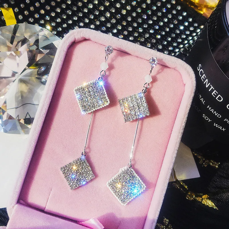 silver FYUAN длинные кисточки Кристаллы Стразы Висячие серьги для женщин изысканный золотой цвет серьги с квадратной подвеской вечерние Ювелирные изделия Подарки - Окраска металла: silver