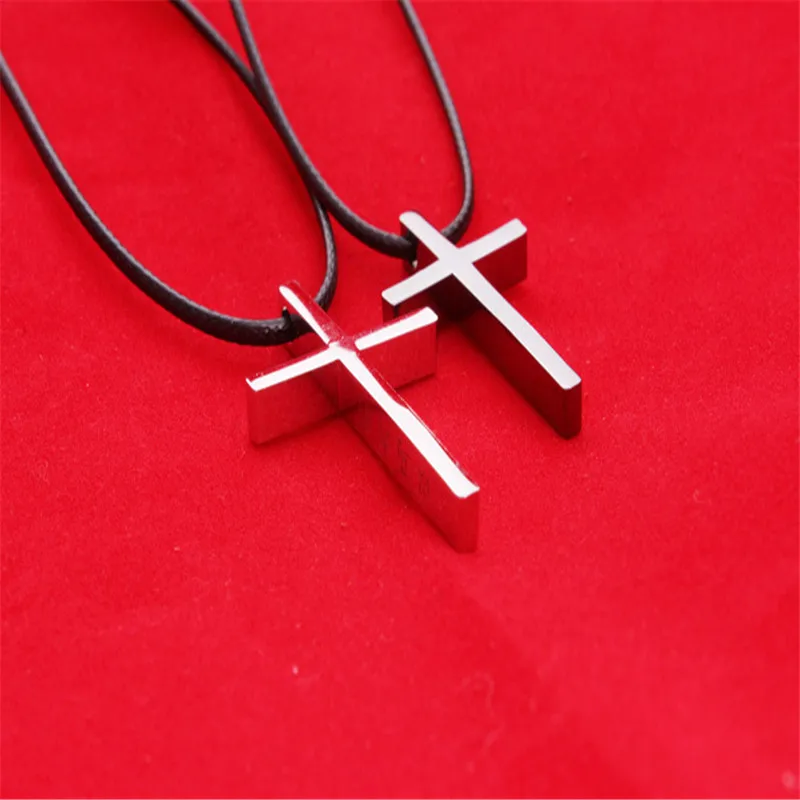 

Leather Chain Immanuel Cross Necklace Men Black And Steel Color Religious Pendant Necklace Statement Necklace Women