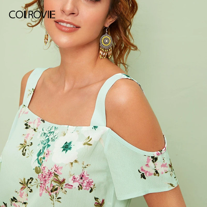 COLROVIE, зеленая, Цветочная, с открытыми плечами, Boho, блузка, рубашка, Женский Повседневный Топ,, летний отдых, праздник, женские блузки