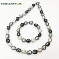 elegance baroque irregular rice shape necklace bracelet pearl set white gray black blue peacock mixed color real pearls gift