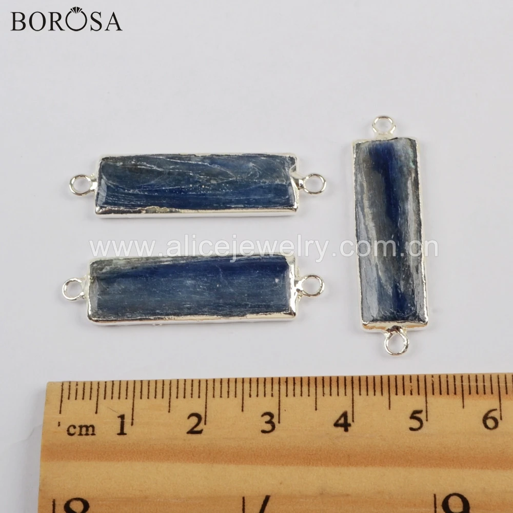 

BOROSA 5/10PCS Rectangle Silver Color Natural Kyanite Connector Natural Blue Crystal Double Charms for Bracelet Jewelry S1744