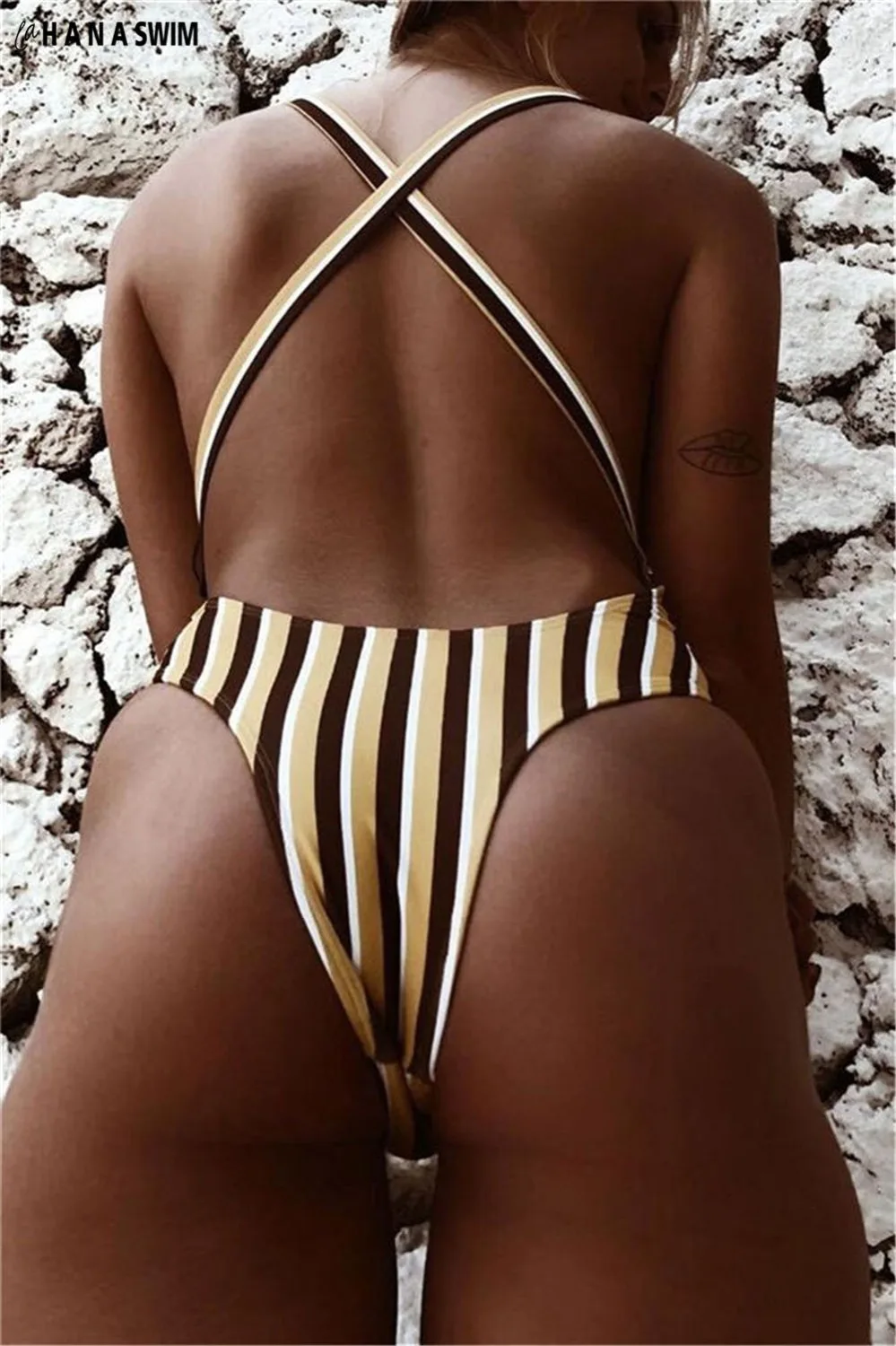 Сексуальный женский цельный купальник в Вертикальную Полоску с открытой спиной