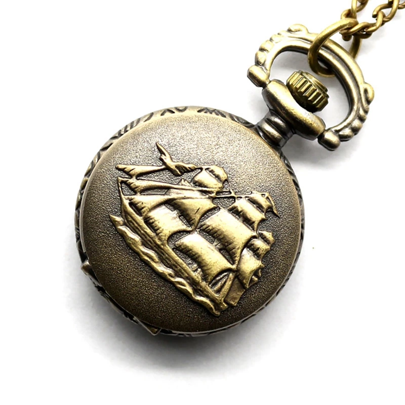 

Antique Bronze Quartz Pocket Watch Vintage Canvas Boat Shipping Relogio Feminino Steampunk With Necklace for Men Women Gifts