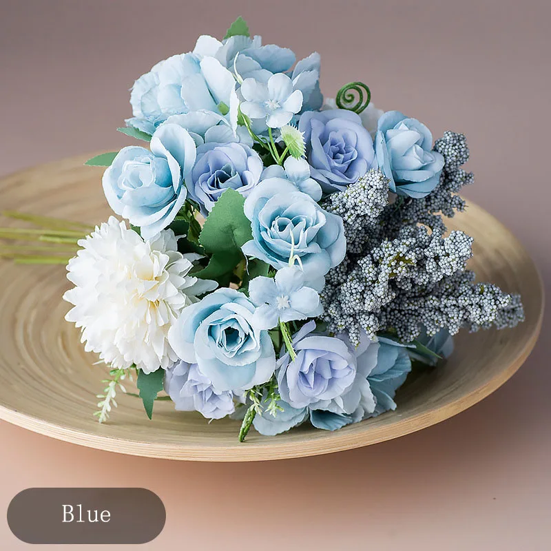 blue Роза Искусственные Шелковые Цветы для свадьбы гортензии невесты DIY поделки поддельные цветы букет украшения дома - Цвет: blue