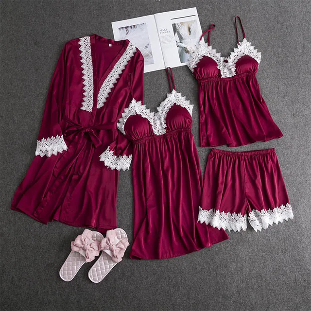 75 Burgundy 4 pieces Атласная пижама с подушками на груди, сексуальные женские пижамные комплекты, кружевная Пижама для сна, комплект из 4 предметов, элегантная домашняя одежда для сна - Цвет: 75 Burgundy 4 pieces