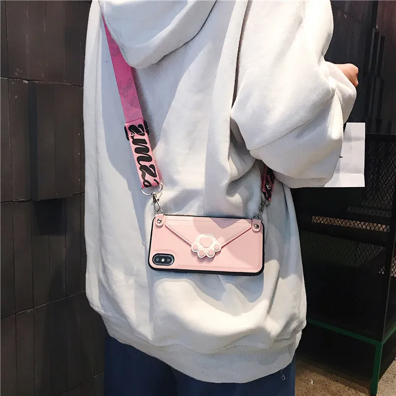 

Cute Cat Claw PU Card Slot Wallet Phone Case For iPhone 12 mini 11 pro max XR XS Max 6S 7 8Plus Pocket Cover With Shoulder Strap