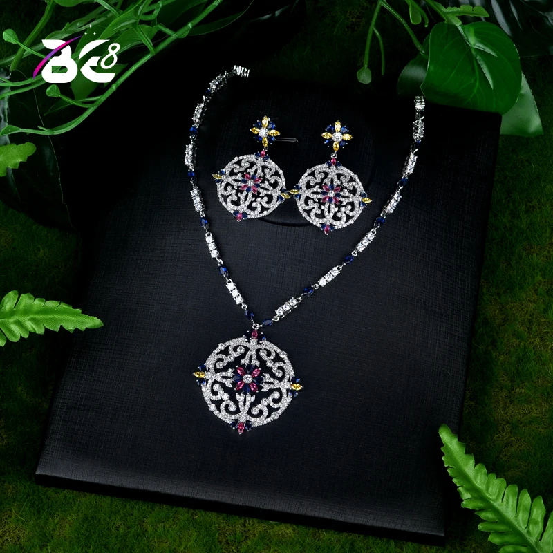 

Be 8 Luxury Style Round Flower Shape Colorful CZ Pendants Bridal Women Wedding Jewelry Sets Bijoux Femme Ensemble S081