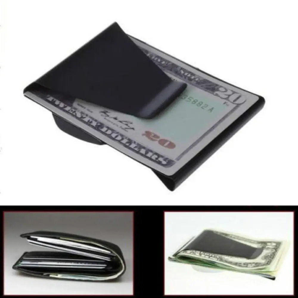 

Черный тонкий двухсторонний бумажник из нержавеющей стали с зажимом для денег, держатель для кредитных карт и удостоверения личности, для м...