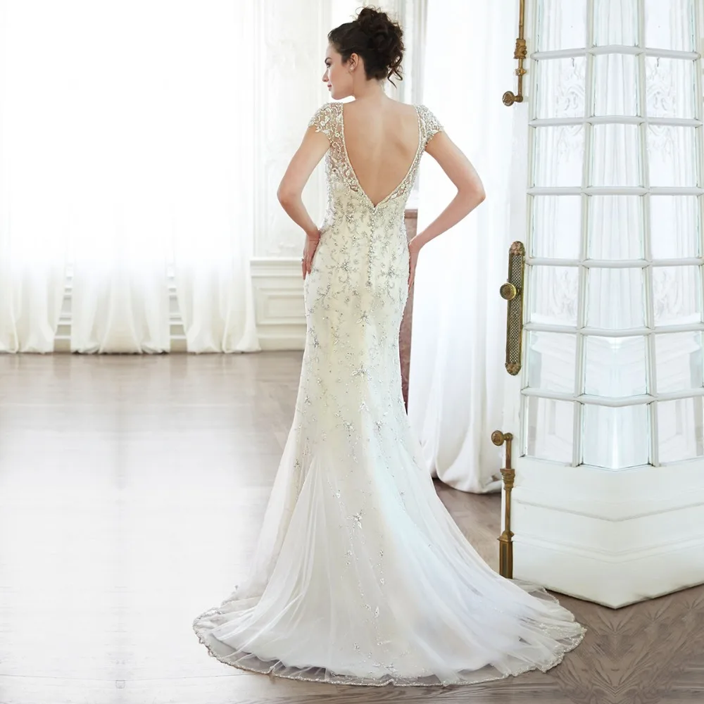 Сексуальный v образным вырезом спинки с коротким рукавом Sereia Vestido Noiva кристалл