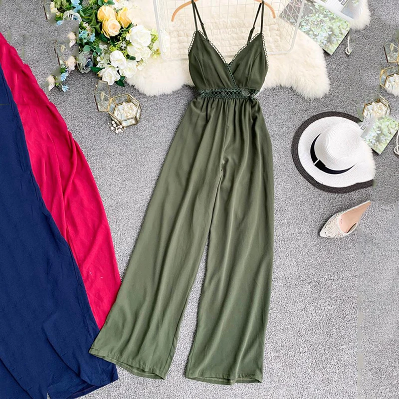 Женский комбинезон с V-образным вырезом однотонный длинный пляжный завышенной