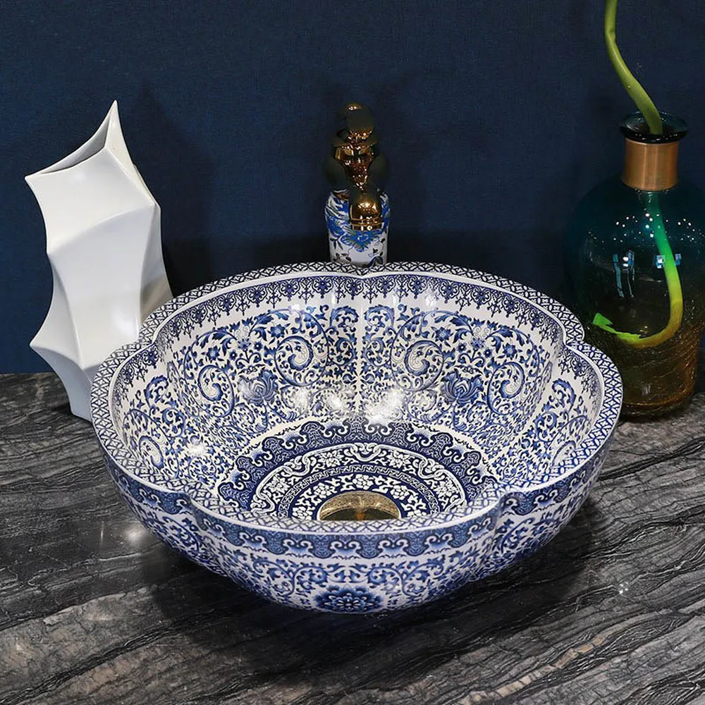 Jingdezhen синий и белый фарфор горшечный цветок круглый умывальник над керамической