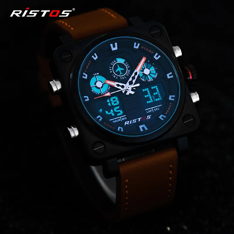 RISTOS военные часы погружение 50 м нейлон и кожаный ремешок светодиодные для мужчин