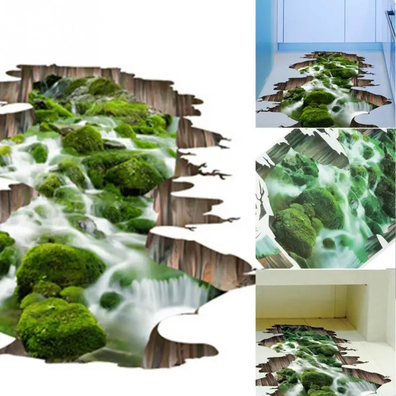 Водонепроницаемый 3D зеленый поток воды Ложные окна пол наклейки для детской комнаты наклейки 84*66 см пейзаж стены стикеры украшения дома
