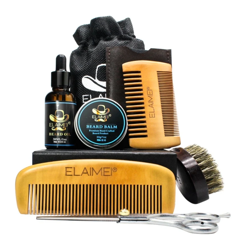 

2019 Men Beard Care Kits Beard Wax/Oil/Comb/Brush/Scissor Beard Styling Tools 6Pcs/Set