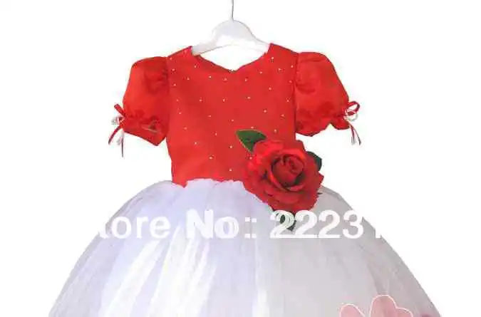 Free Shipping Girls' wedding dress Roses romantic princess short sleeved red color 7pcs lot EMS free shipping 602|dress waistcoat|dresses