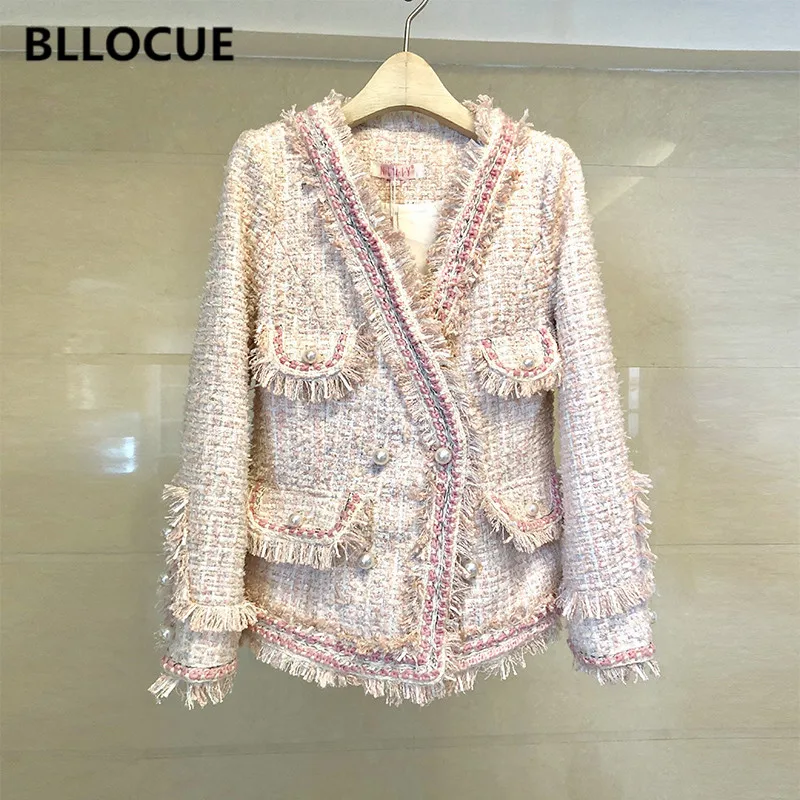 Женская твидовая двубортная куртка BLLOCUE подиумная с длинным рукавом жемчужинами