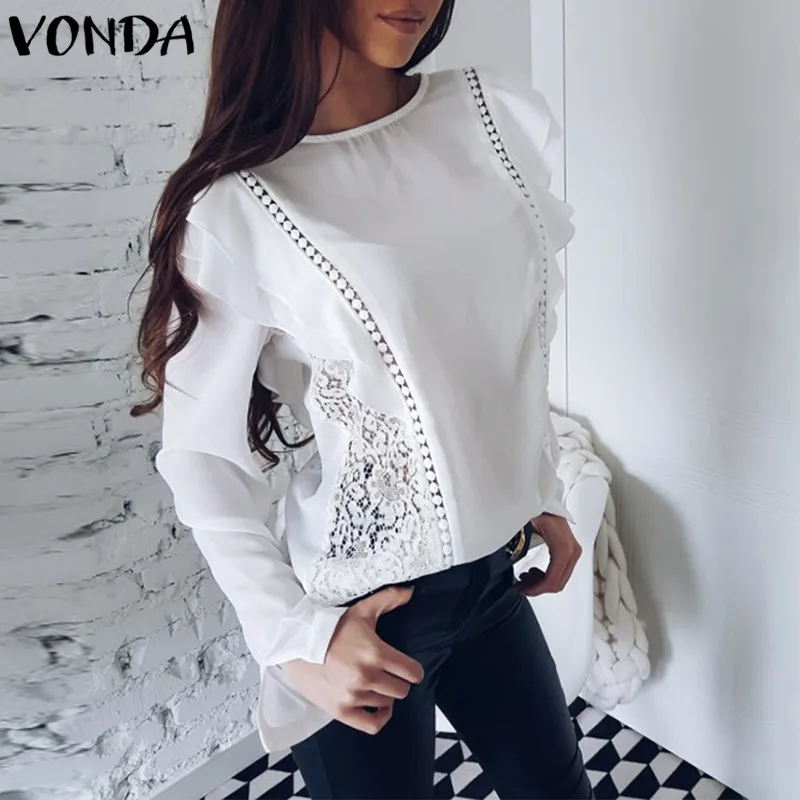 VONDA 2019 Для женщин Caual с длинным рукавом круглым вырезом Осенние блузки кружева