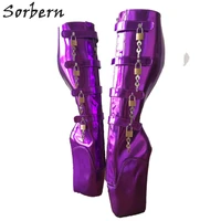 sorbern fashion knee high boots unisex 18cm 10 keys lockable beginner ballet wedge boot heelless fetish purple metallic shoes