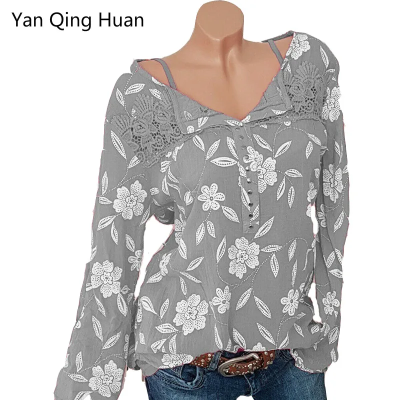 

Yan Qing Huan 2019 Hot Summer New Print Floral Dress Shirt Lace Rivet Long Sleeve Round Neck Casual Loose Large Size S-5xl Shirt