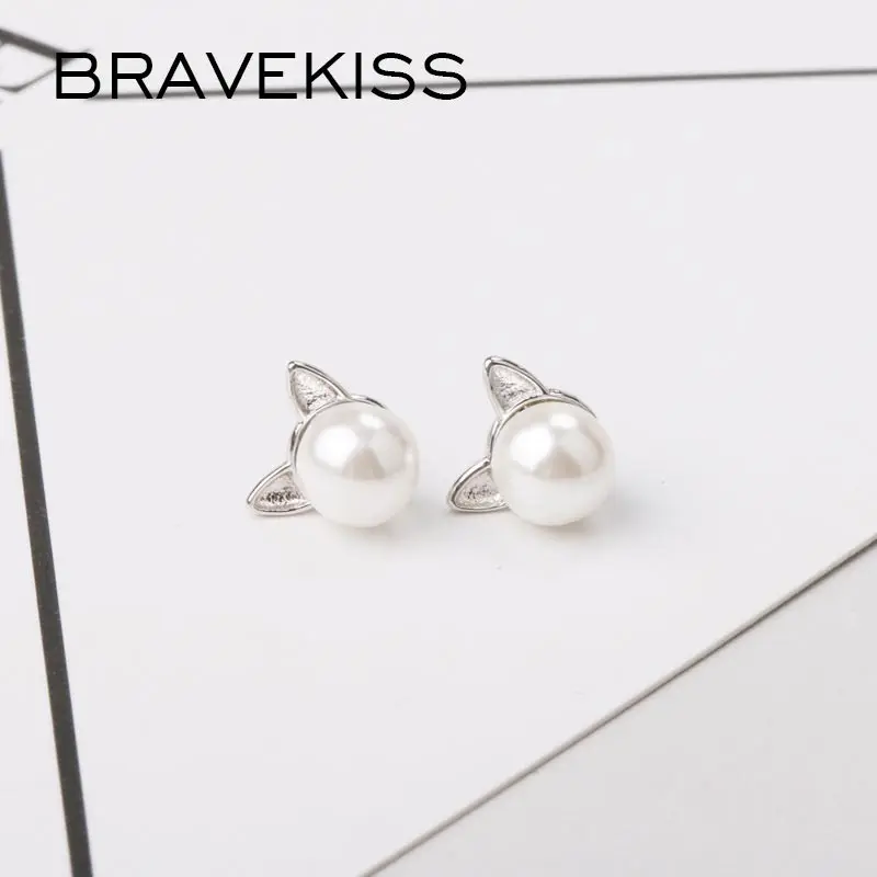 Женские серьги пусеты BRAVEKISS элегантные с кошачьими ушками и жемчугом