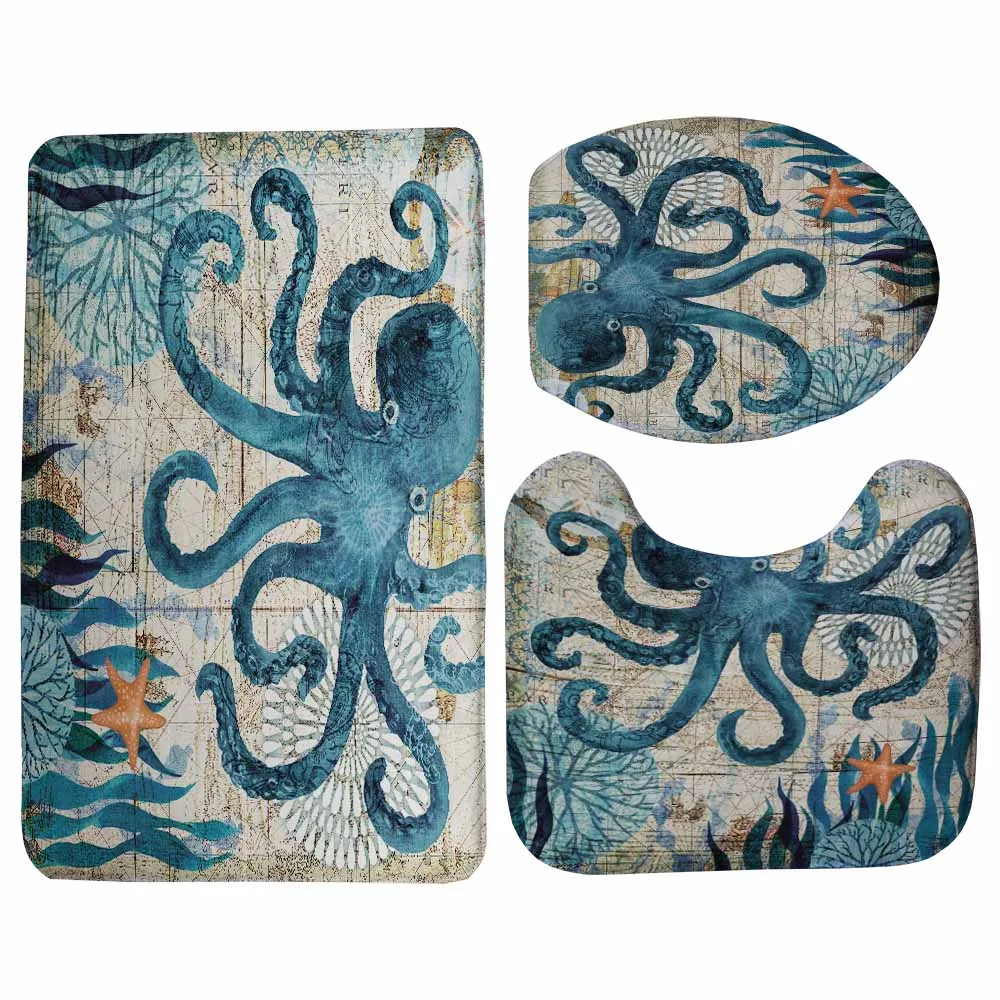 Octopus Miracille Морской стиль 3 шт. набор унитаз крышка Туалет набор Морская Черепаха Печатный коврик для ванной комнаты моющийся коврик для ванной комнаты - Цвет: Octopus