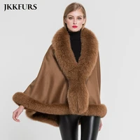 jkkfurs womens poncho genuine fox fur collar trim cashmere cape wool fashion style autumn winter warm coat s7358