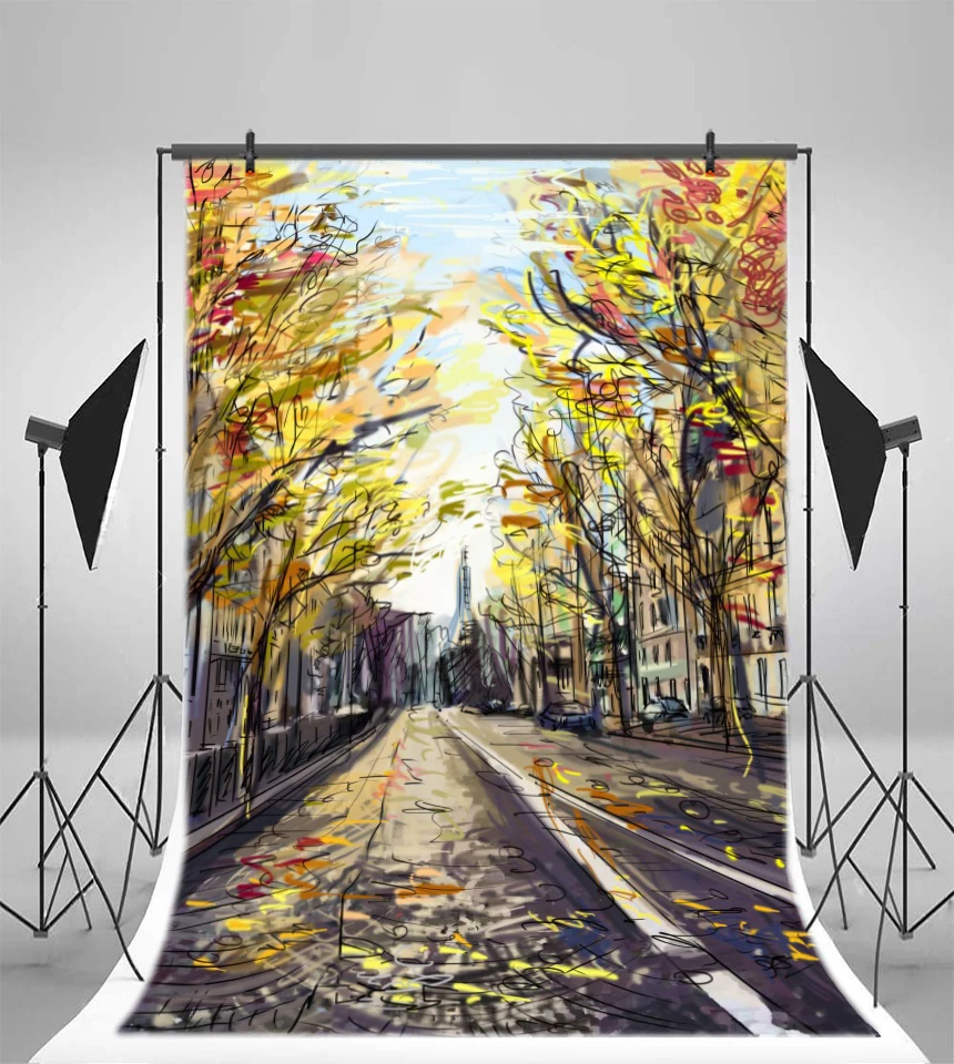 Laeacco Graffiti Cartoon Town Street Fallen Leaves Pattern Photo Backgrounds Customized Photography Backdrops For Studio | Электроника