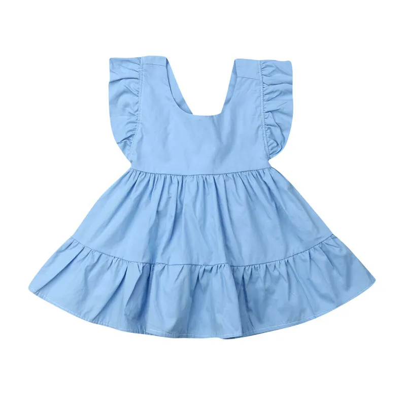 1-5Y Casual Kids Baby Girl Plain Sundress Flying Sleeve Swing Princess Dress Solid Backless Bow Lace-up Wedding Party Tutu | Детская