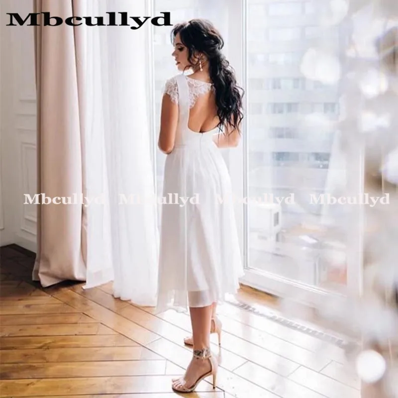 Mbcully Simple Beach Wedding Dresses 2020 Elegant Lace Applique Mid Calf A-line Short Backless Chiffon Bridal Gowns | Свадьбы и