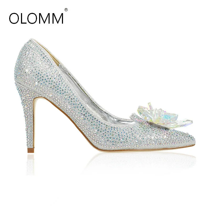 

Genuine Leather Women's High Heels Women Crystal Pumps Sexy Bride Party Thin Heel Pointed Toe Sheepskin High Heel Shoes 35-41
