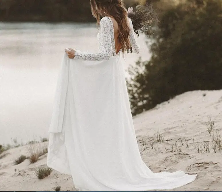 Beach Boho Wedding Dresses V Neck Backless Floor Length Chiffon A Line Applique Long Sleeve Bridal Gown Vestido | Свадьбы и