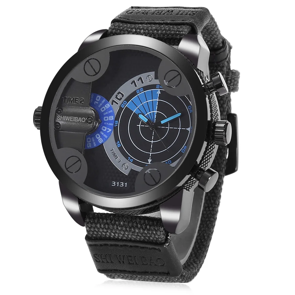Мужские часы с двойным часовым поясом кварцевые ремешком из парусины армейские