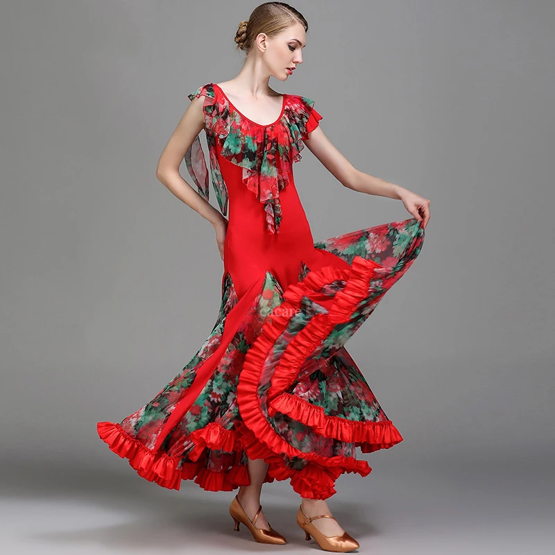 Ballroom Dance Competition Dresses Flamenco Standard Waltz Tango CHEAPEST D0977- Blue with Big Hem Ruffles | Тематическая одежда и
